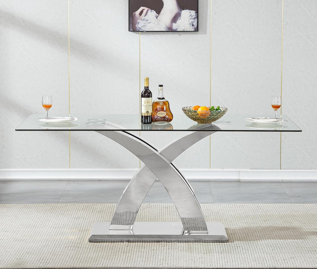 70'' Modern Glass Dining Table for 4-8 People, High Gloss Stainless Steel Base, Rectangular Glass Dining Room Table for 6, Tempered Glass Top Silver Kitchen Table for Home Kitchen Furniture