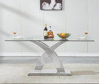 70'' Modern Glass Dining Table for 4-8 People, High Gloss Stainless Steel Base, Rectangular Glass Dining Room Table for 6, Tempered Glass Top Silver Kitchen Table for Home Kitchen Furniture