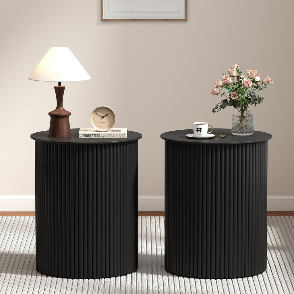Round Fluted Side Table Set of 2, 17.7" Mid-Century Modern End Tables, Wooden Bedside Table Round Nightstand Small Circle Sofa Accent Table for Living Room, Bedroom Home(Black)