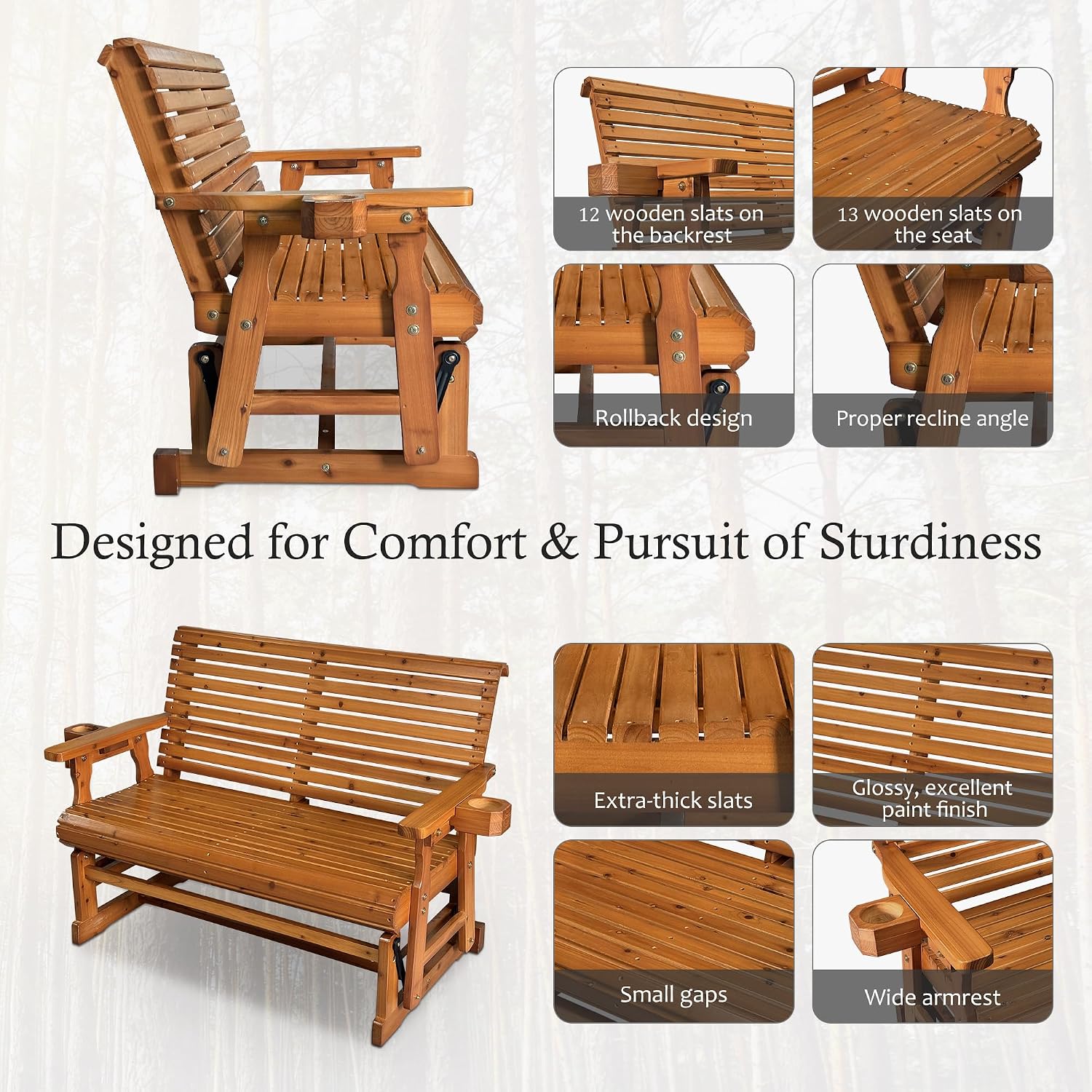 Fortune Candy Patio Glider with Cup Holders, High Roll Back and Deep Contoured Seat, Heavy Duty 800 Lb (Brown, 2-Seater)