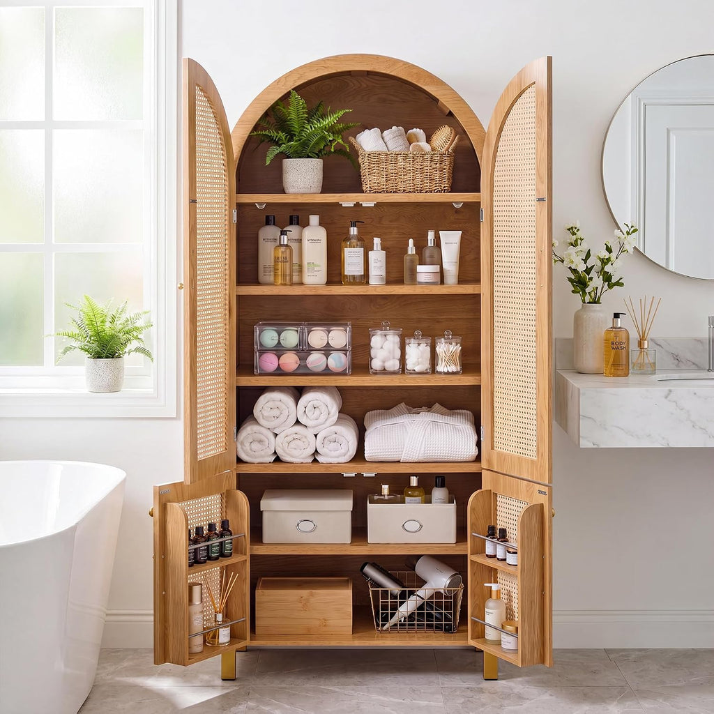 Merax 71'' Tall Farmhouse Rattan Arched Storage Cabinet | Boho Style Pantry Cabinet, Open Countertop, Rattan Doors & Adjustable Shelves, Arched Cabinet for Kitchen Dining Room