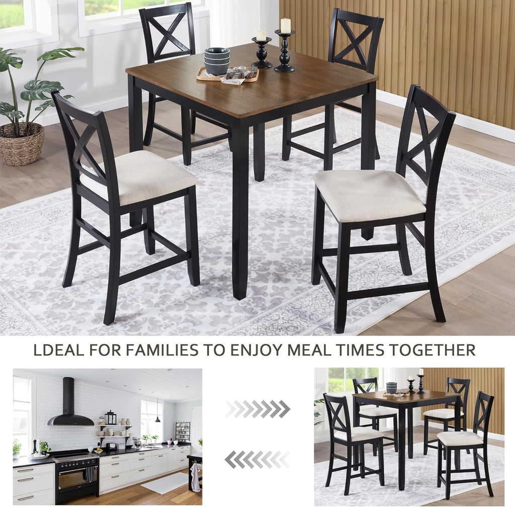 KEIKI 5-Piece Standard Height Dining Table Set with Square Table and 4 X-Shaped Backrest Upholstered Chair, for 4 Person, Modern Wooden Table Set, Easy Assembly, for Kitchen, Dining Room, Black+Oak