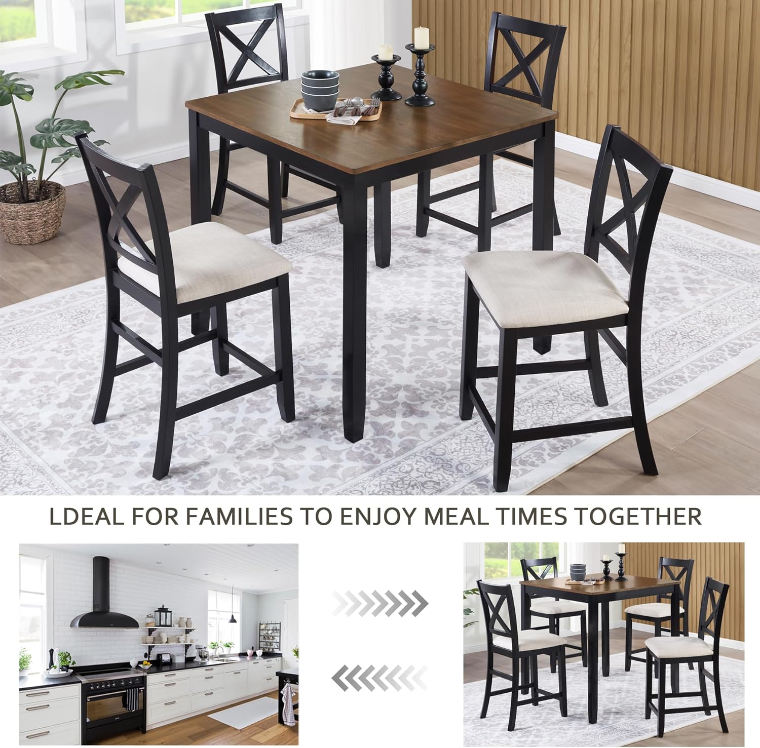 KEIKI 5-Piece Standard Height Dining Table Set with Square Table and 4 X-Shaped Backrest Upholstered Chair, for 4 Person, Modern Wooden Table Set, Easy Assembly, for Kitchen, Dining Room, Black+Oak