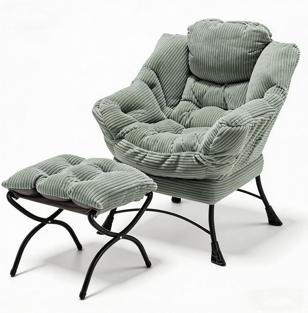 Oversized Lazy Chair with Ottoman for Adults, Chair and Ottoman Set Modern Skinny Lounge Chair with Footrest, Wide Reading Chair for Living Room/Bedroom, Comfy Accent Armchair for Small Spaces, Green