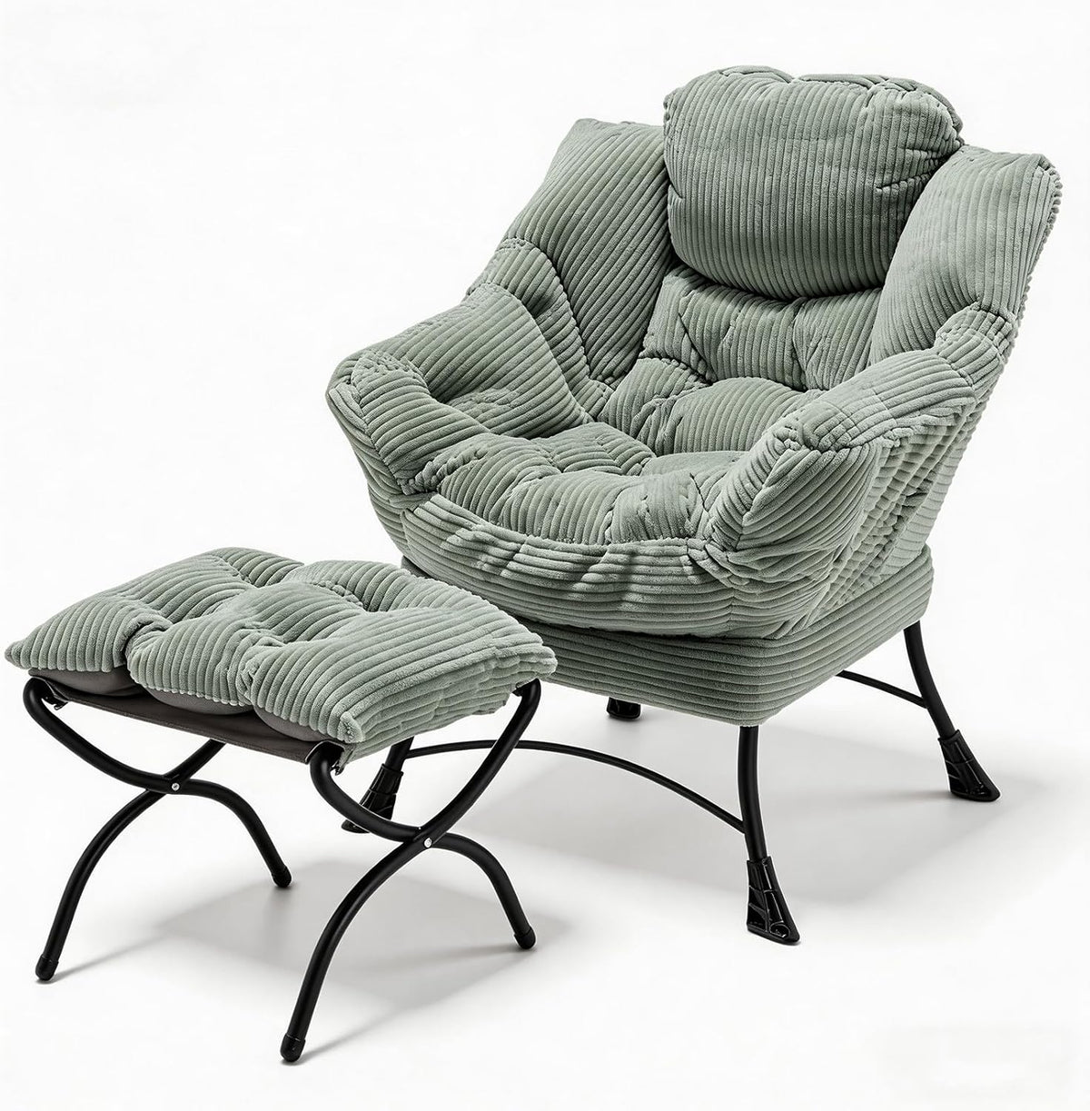 Oversized Lazy Chair with Ottoman for Adults, Chair and Ottoman Set Modern Skinny Lounge Chair with Footrest, Wide Reading Chair for Living Room/Bedroom, Comfy Accent Armchair for Small Spaces, Green
