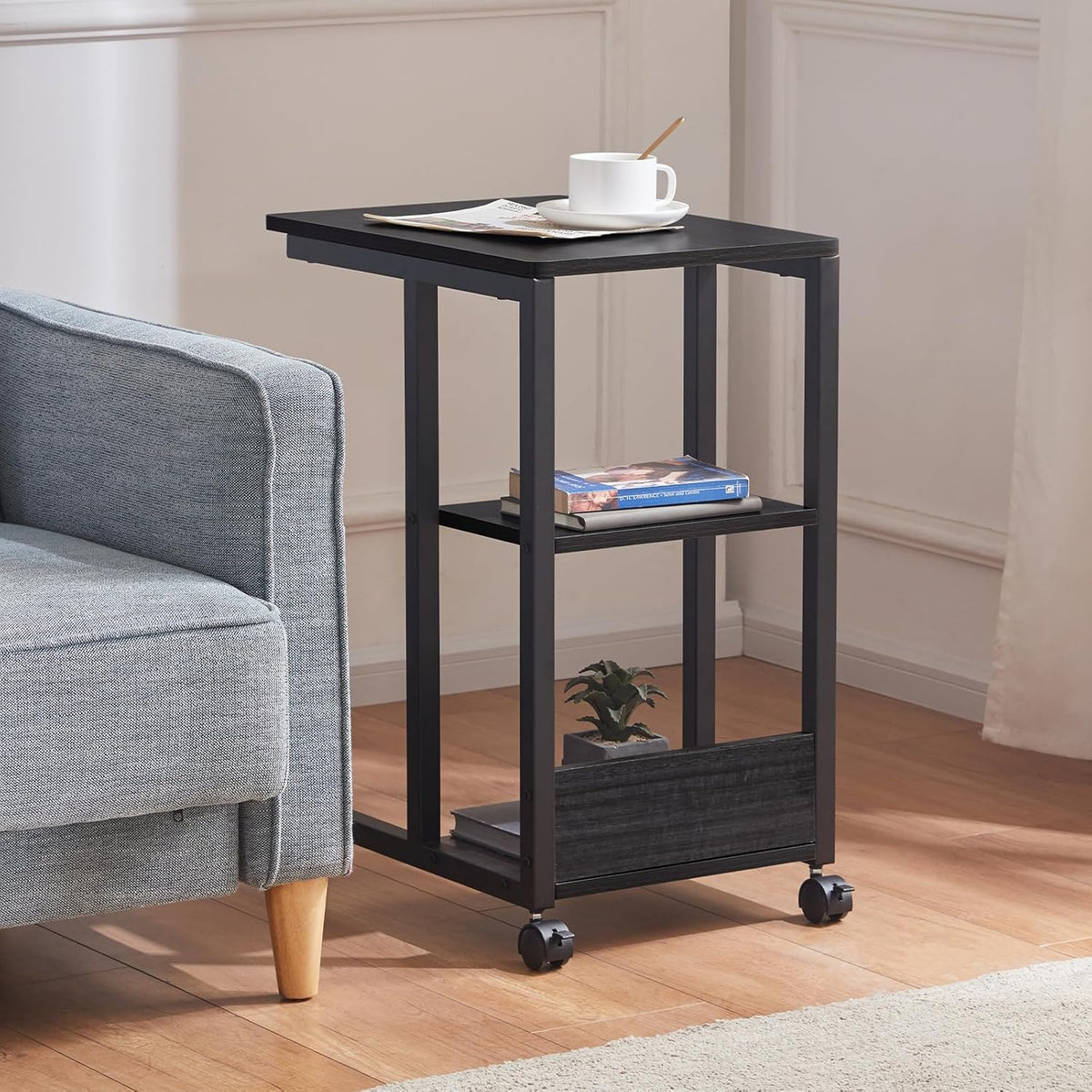 Farini C Shaped Sofa Side End Table, Mobile Snack Table with Brake Wheels Couch Bedside Table with 3-Layer storages,Black Oak