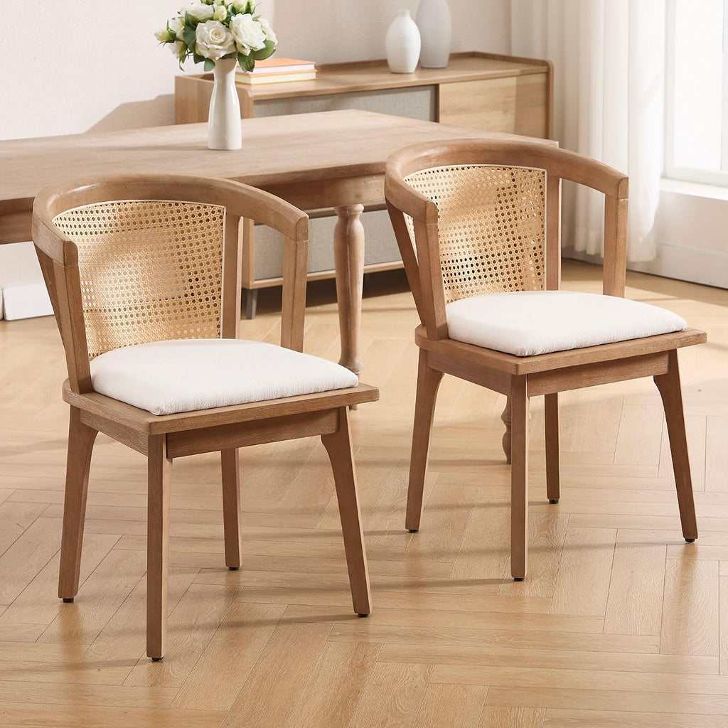 BESTANO Rattan Dining Chairs Set of 2, Mid Century Modern Farmhouse Wood Dining Room Chairs, Upholstered Comfortable Kitchen Dining Side Chair with Cane Woven Back, Beige Linen