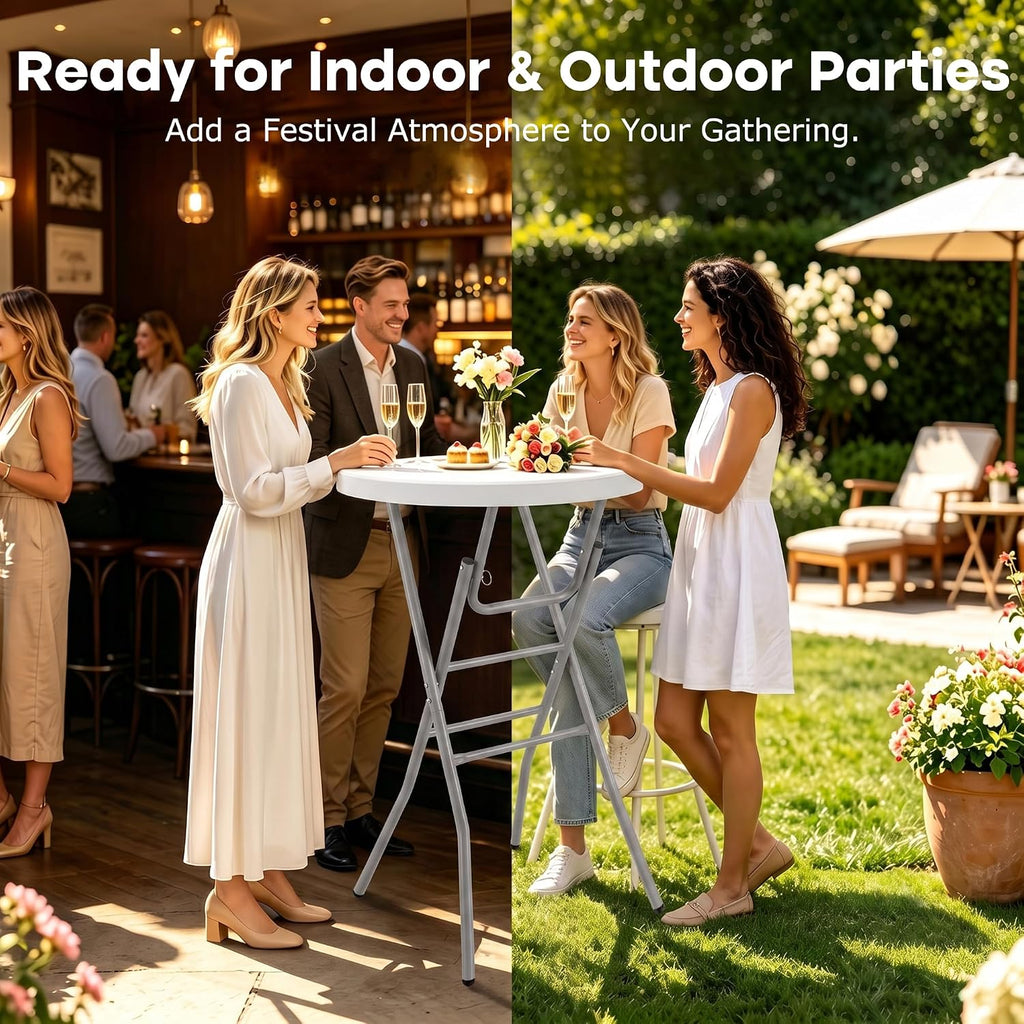VECELO 28" Round Cocktail Table, Folding Bar Height Table with Removable Legs, 43.3" Tall Portable Plastic Bistro High Top for Indoor Outdoor Wedding Events, Patio, Backyard, Home Parties, White