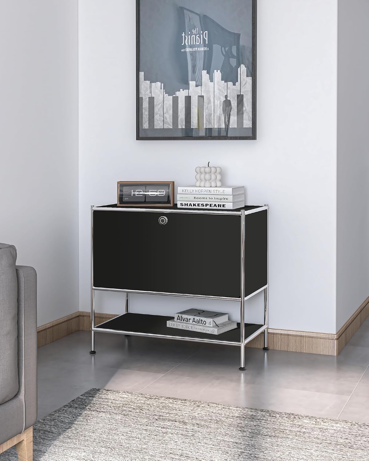 Metal Nightstand, Mid-Century Modern Bookshelf, Flap Door 27.5 | Sleek Modern Design,Space-Saving, Cube Storage Organizer, Bedside Table, Entryway Console for Home, Office, or Foyer