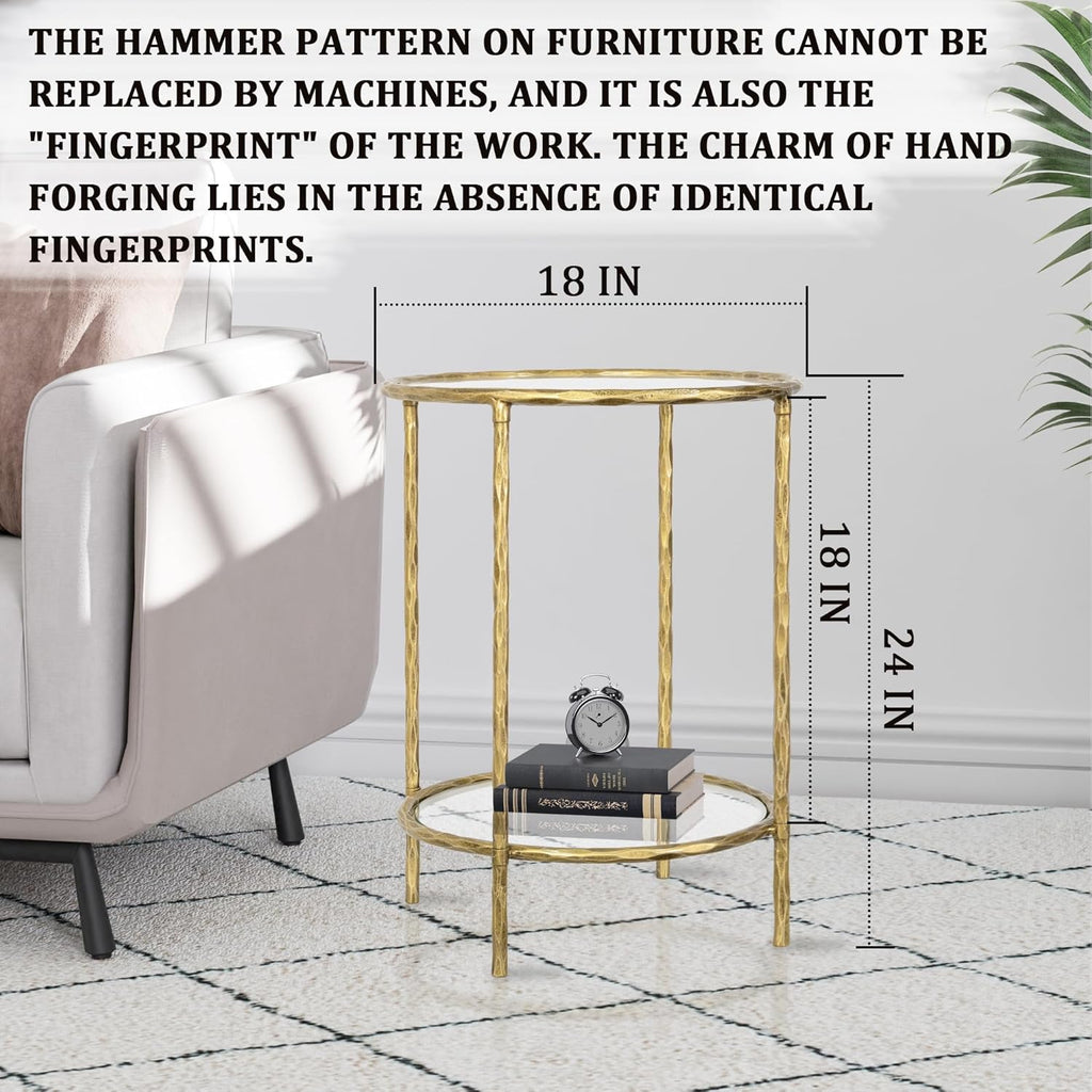 BEGINS Hand Forged Side Table 2 Tier, Vintage End Table Glass Top Coffee Table, Accent Table with Solid Hammered Frame, Suitable for Living Room, Bedroom, Study Room, Entryway (Gold, Circle)