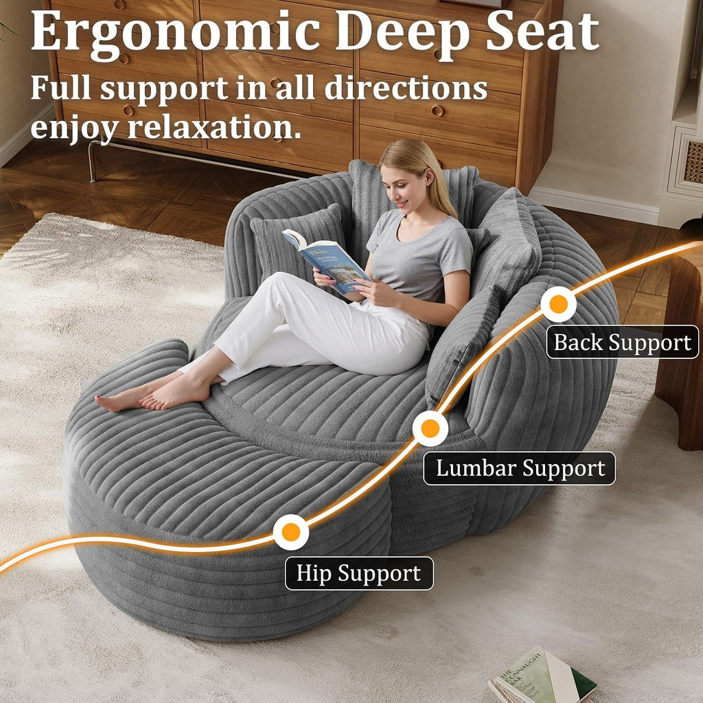 ONEMMLION 50" Oversized Round Chaise Lounge with Ottoman, Corduroy, Grey | Deep Seating Chair, Plush Corduroy and Matching Ottoman Create Cloud-like Comfort for Reading, Lounging and Relaxing