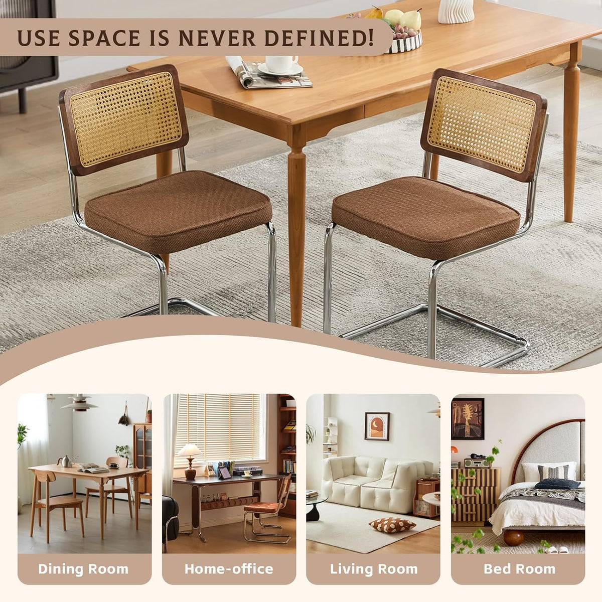 Rattan Dining Chairs Set of 6,Upholstered Mid-Century Modern Dining Room Chairs with Cane Backrest,Retro Linen Kitchen Chairs with Stainless Chrome Base,Brown