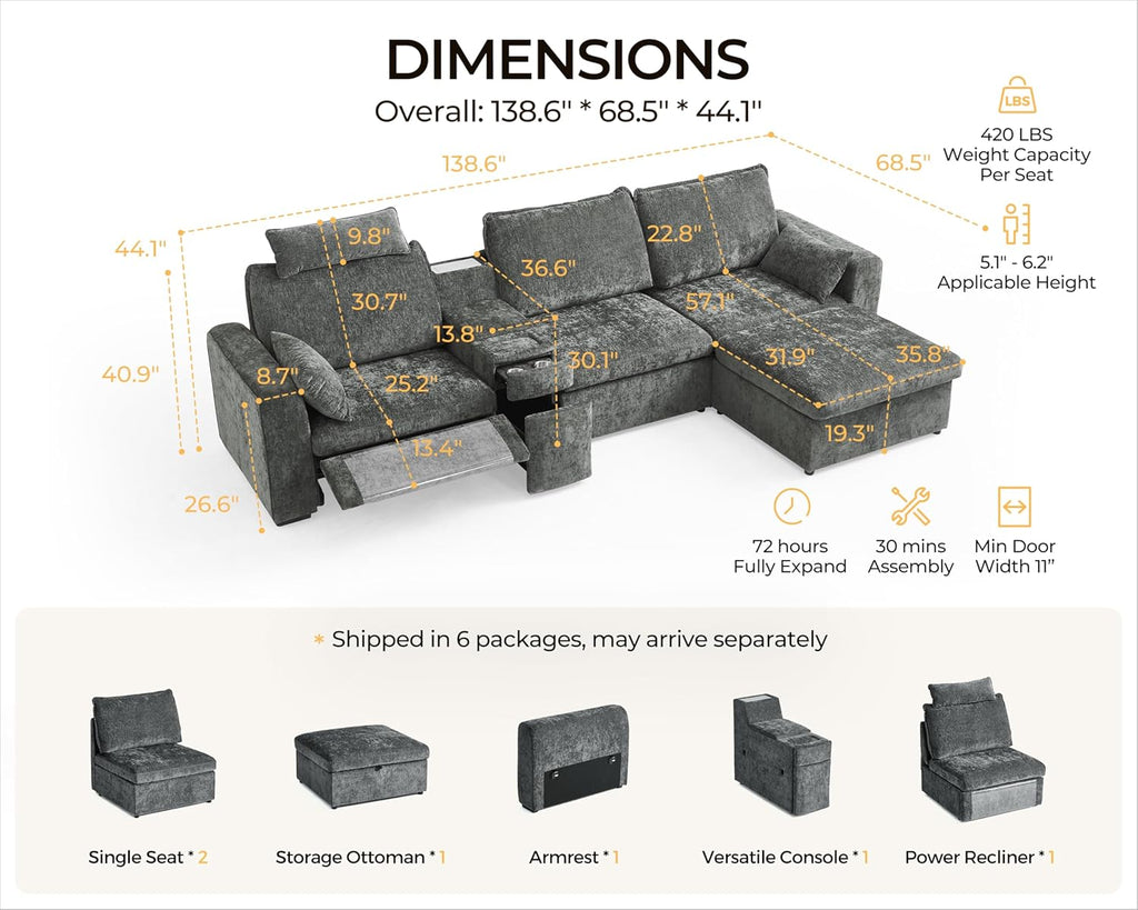 138.6'' Oversized Power Recliner Sofa with Headrest, Modular Cloud Sectional Couch with Convertible Table, Charging, Drawer, Cup Holder, 4-Seater with Storage Ottoman, Chenille, Grey