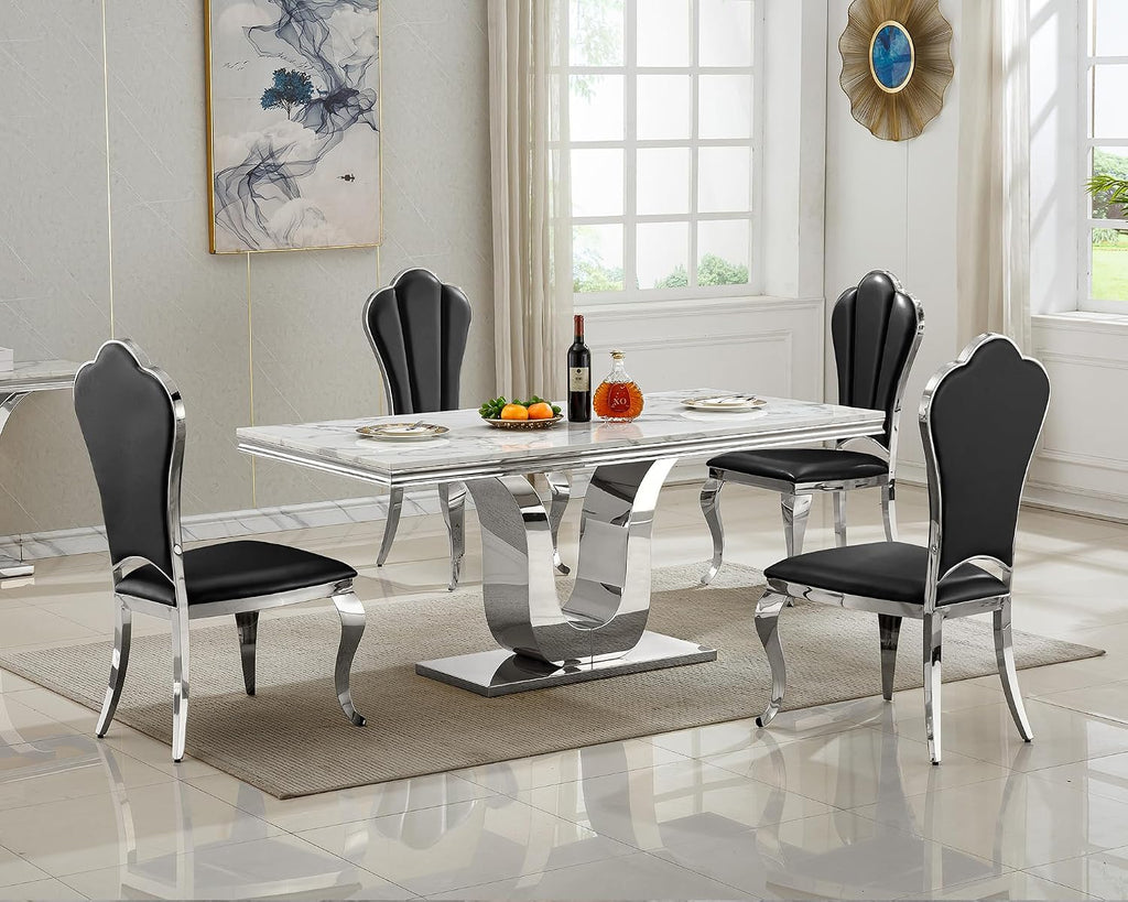 SSLine Modern White Marble Dining Table for 6-8 Rectangle 68" Faux Marble Kitchen Table for 6 Luxury Dining Room Tables with Silver Mirrored Stainless Steel U-Shape Pedestal Base for Home Office