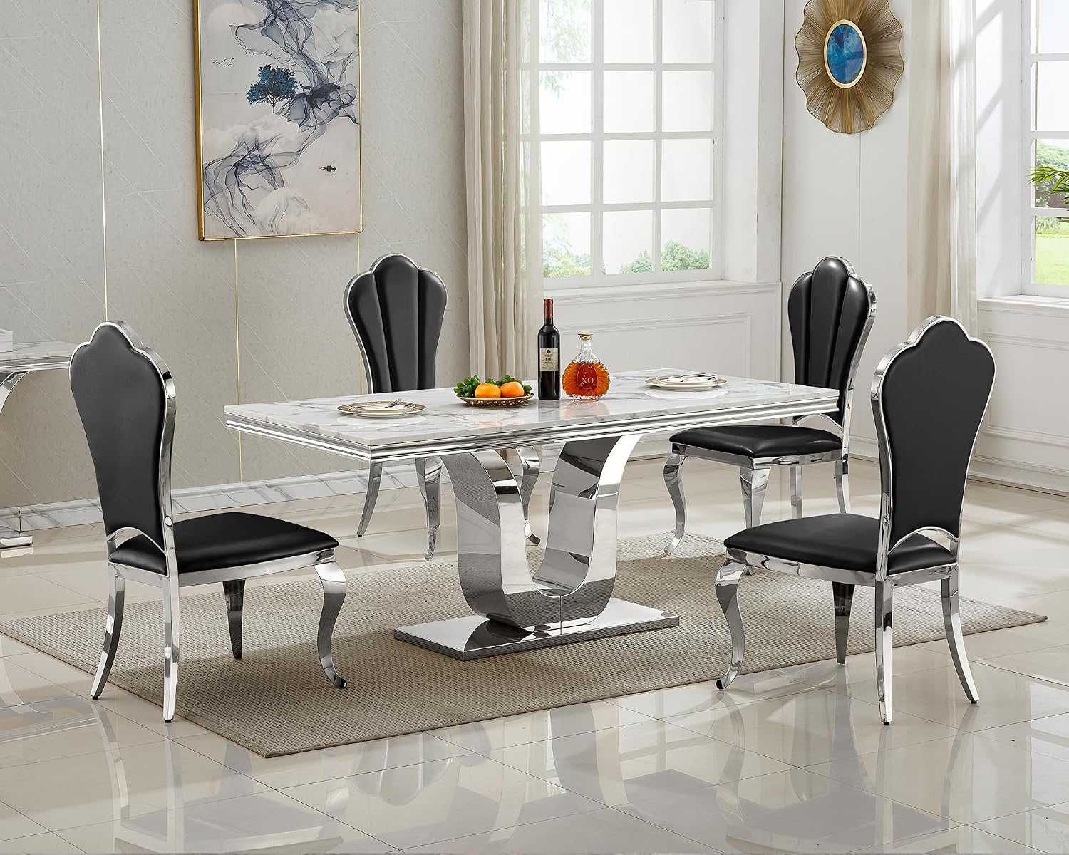 SSLine Modern White Marble Dining Table for 6-8 Rectangle 68" Faux Marble Kitchen Table for 6 Luxury Dining Room Tables with Silver Mirrored Stainless Steel U-Shape Pedestal Base for Home Office