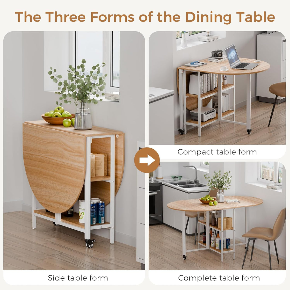 Mondeer Mobile Folding Dining Table, Drop Leaf Table with 2 Open Storage Shelves, Round Edged Design, Small Spaces Dining Room Kitchen (Oak and White) (55 inch)