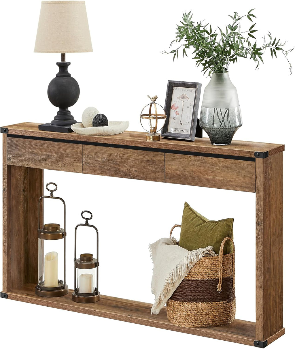 VASAGLE 47.2" Console Table with 3 Drawers, Entryway Table, Bottom Shelf | Narrow Sofa Table Behind Couch, Metal Corners, for Living Room, Bedroom, Farmhouse Style, Honey Brown ULNT143KB01S