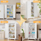 61" H Metal Kitchen Pantry Storage Cabinet, Freestanding Cupboard with 2 Doors and 3 Adjustable Shelves, Standing Storage for Kitchen, Bathroom, Garage, Dinning Room or Utility Room（White）