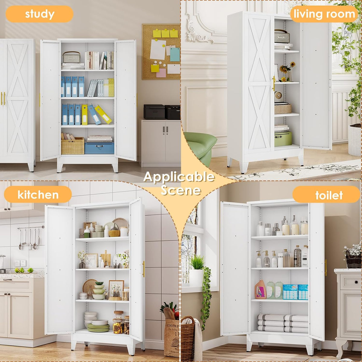 61" H Metal Kitchen Pantry Storage Cabinet, Freestanding Cupboard with 2 Doors and 3 Adjustable Shelves, Standing Storage for Kitchen, Bathroom, Garage, Dinning Room or Utility Room（White）