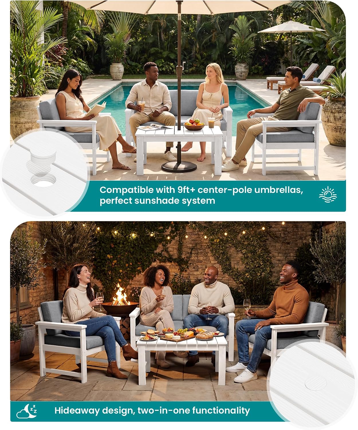 SERWALL HDPE Outdoor Loveseat with Cushions, All Weather Use Outdoor Loveseat Sofa, White Frame/Grey Cushion