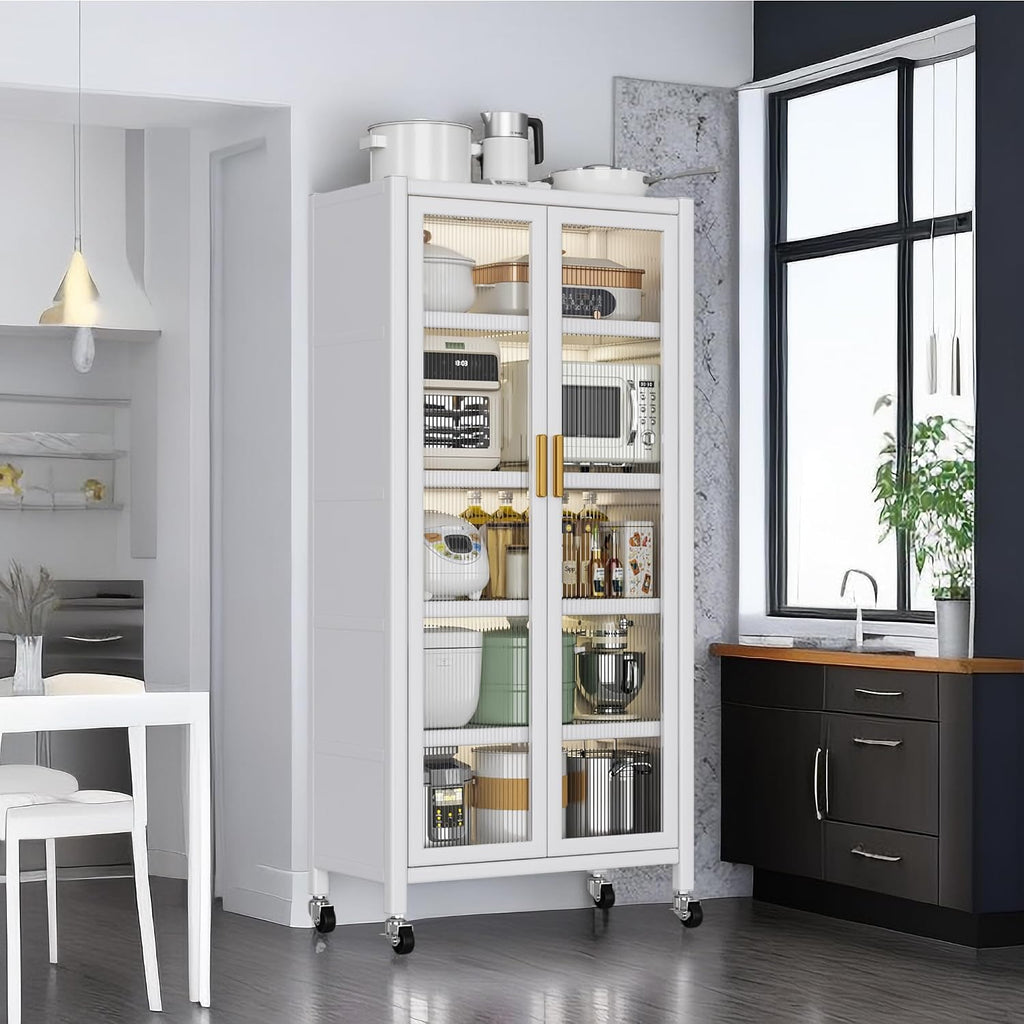 White Metal 5-Tier Kitchen Pantry Cabinet with Acrylic Glass Doors & Wheels, Tall Storage Cabinet for Kitchen, Dining Room, Living Room, Office, Study