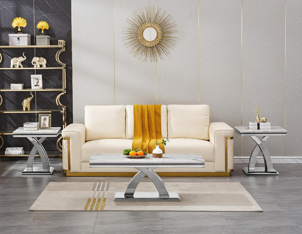1 Piece Living Room End Table Luxury Faux Marble Sofa Side Table, Modern White Silver End Table with X-Shape Stainless Steel Pedestal Base