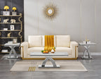 1 Piece Living Room End Table Luxury Faux Marble Sofa Side Table, Modern White Silver End Table with X-Shape Stainless Steel Pedestal Base