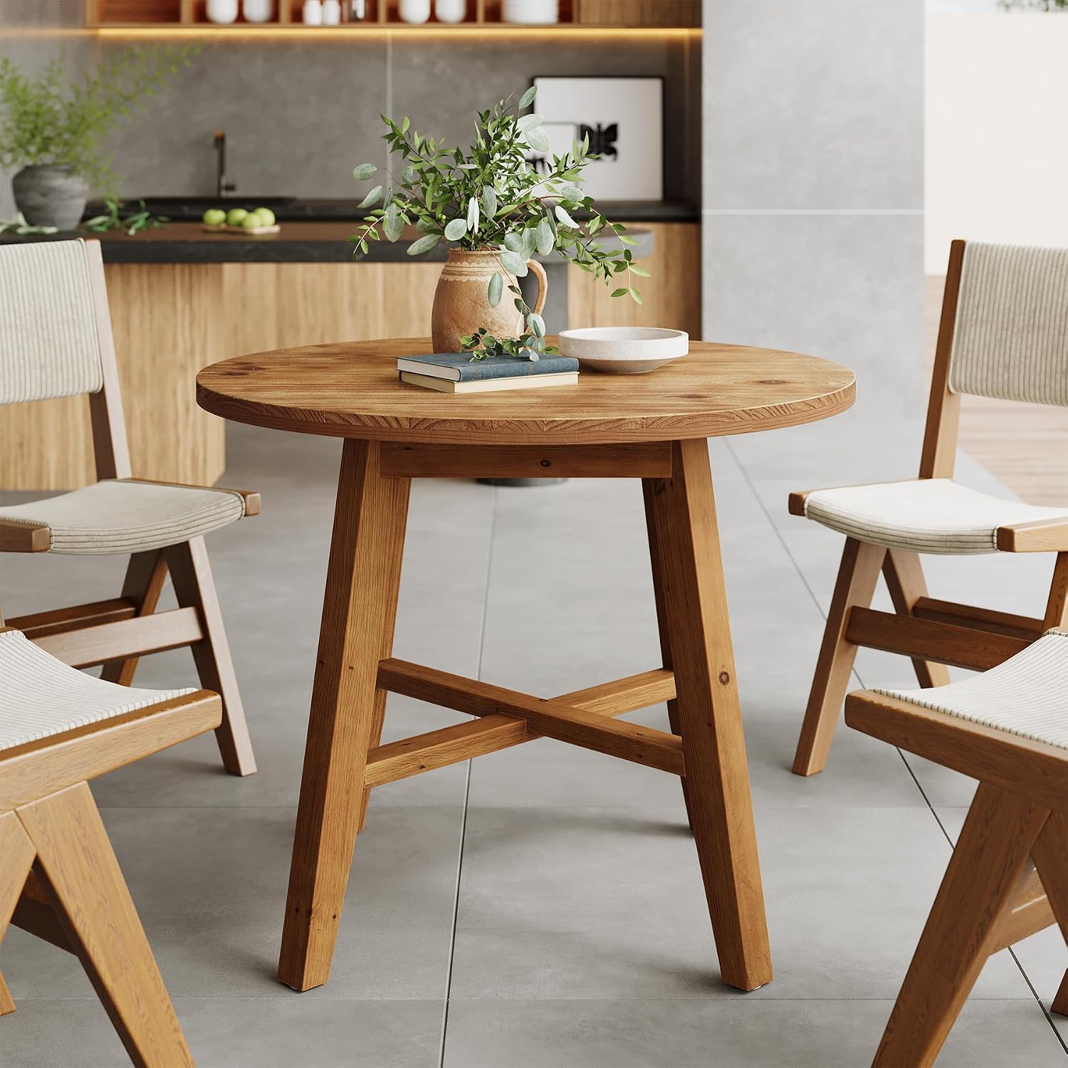 31.5-Inch Round Dining Table for 2-4, Solid Wood Farmhouse Kitchen Table for Living Room, Dining Room, Apartment (Brown)