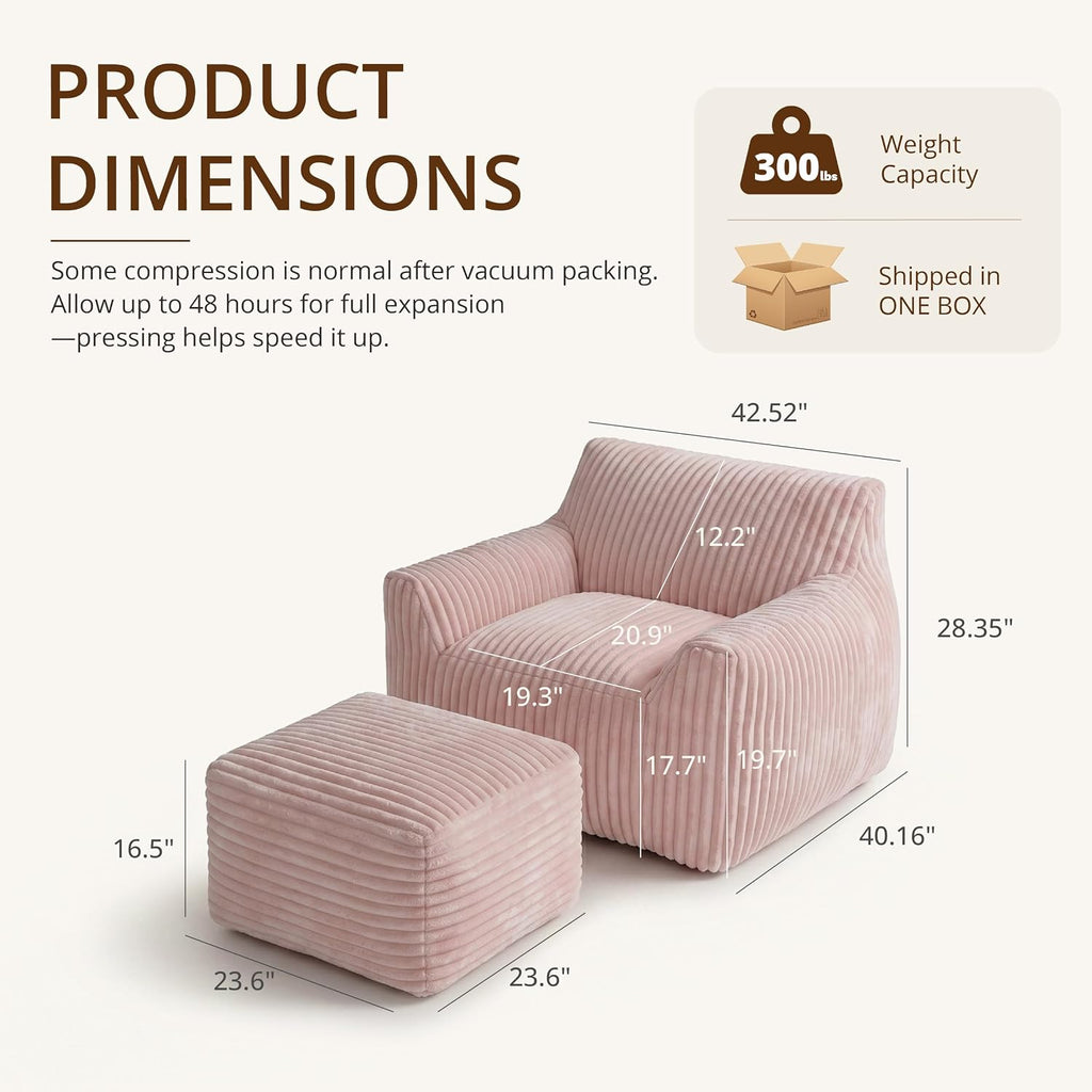 Giant Bean Bag Chair for Adults, Large Bean Bag with Ottoman | Cloud Comfy Bean Bag with Backrest & Armrests, Stuffed Beanbag Chair for Reading, Gaming, Napping, Pink