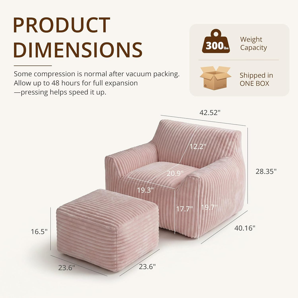 Giant Bean Bag Chair for Adults, Large Bean Bag with Ottoman | Cloud Comfy Bean Bag with Backrest & Armrests, Stuffed Beanbag Chair for Reading, Gaming, Napping, Pink