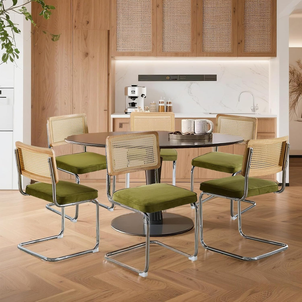 Velvet Dining Chairs Set of 6 Handwoven Rattan Back Upholstered Seat&Chrome Base Mid Century Kitchen Chair,for Dining Room,Living Room,Bedroom,Olive Green