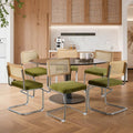 Velvet Dining Chairs Set of 6 Handwoven Rattan Back Upholstered Seat&Chrome Base Mid Century Kitchen Chair,for Dining Room,Living Room,Bedroom,Olive Green