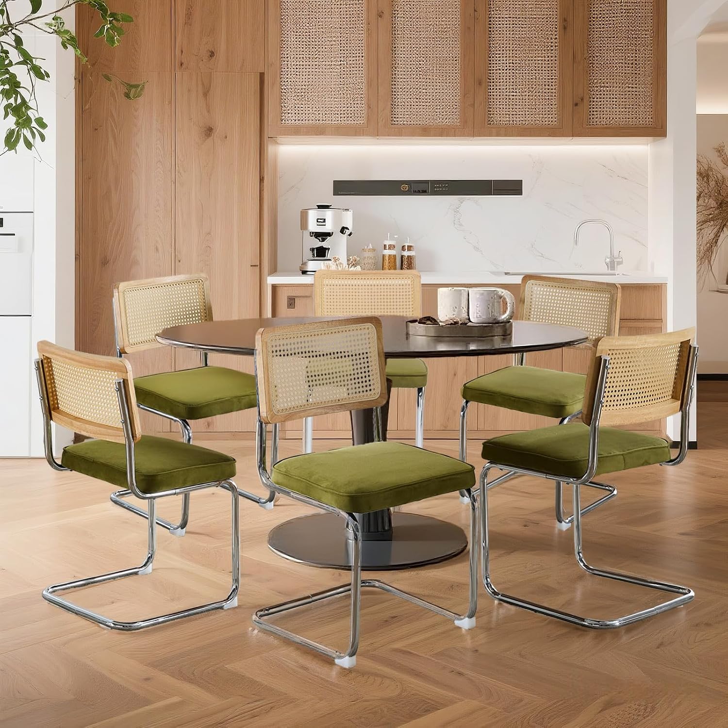 Velvet Dining Chairs Set of 6 Handwoven Rattan Back Upholstered Seat&Chrome Base Mid Century Kitchen Chair,for Dining Room,Living Room,Bedroom,Olive Green