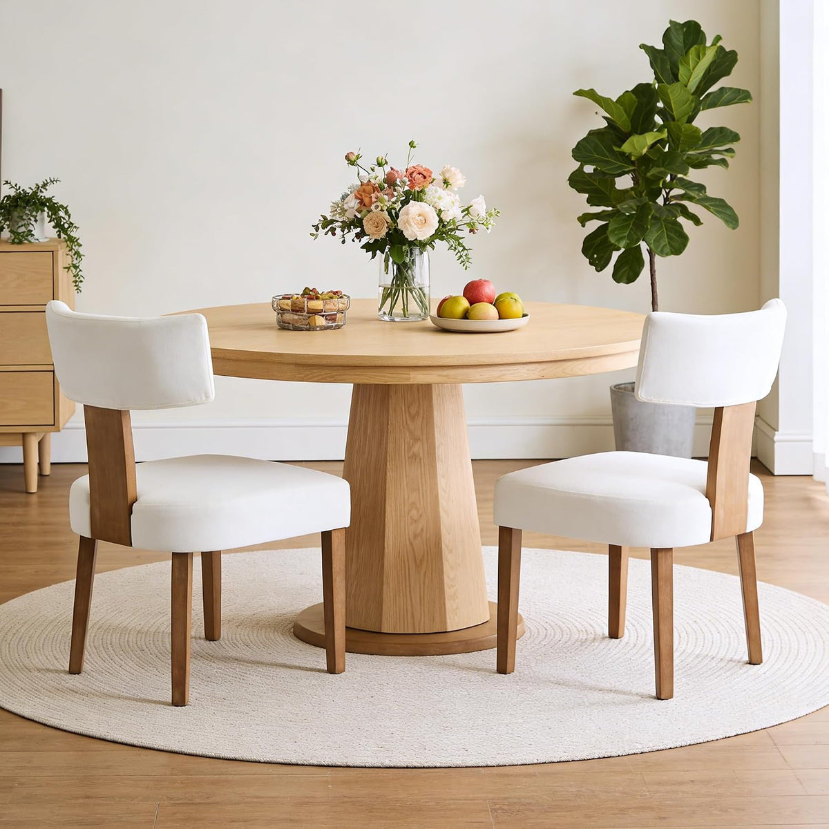 Upholstered Dining Chairs Set of 2, Mid Century Modern Linen Dining Chairs, Armless Side Chairs with Curved Back and Wood Legs for Kitchen, Dining Room, Living Room, Cream