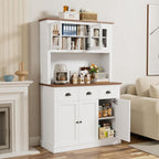 71" Kitchen Hutch with Charging Station, Tall Pantry Storage Cabinet with Microwave Stand, Adjustable Shelves, Slide Drawers, Large Buffet Pantry Cabinet for Kitchen, Dining Room, White