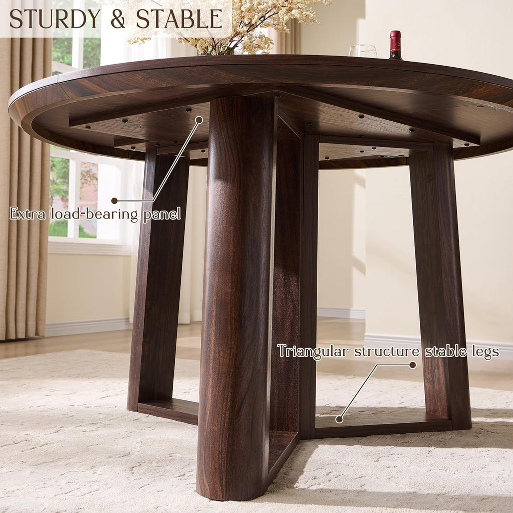 OKD 47" Dining Table for 4-6, Round Dining Room Table with Triangular Structure Pedestal Stable Base, Curved Table Edge, Circle Kitchen Tables for Dining Room, Kitchen, Dark Walnut
