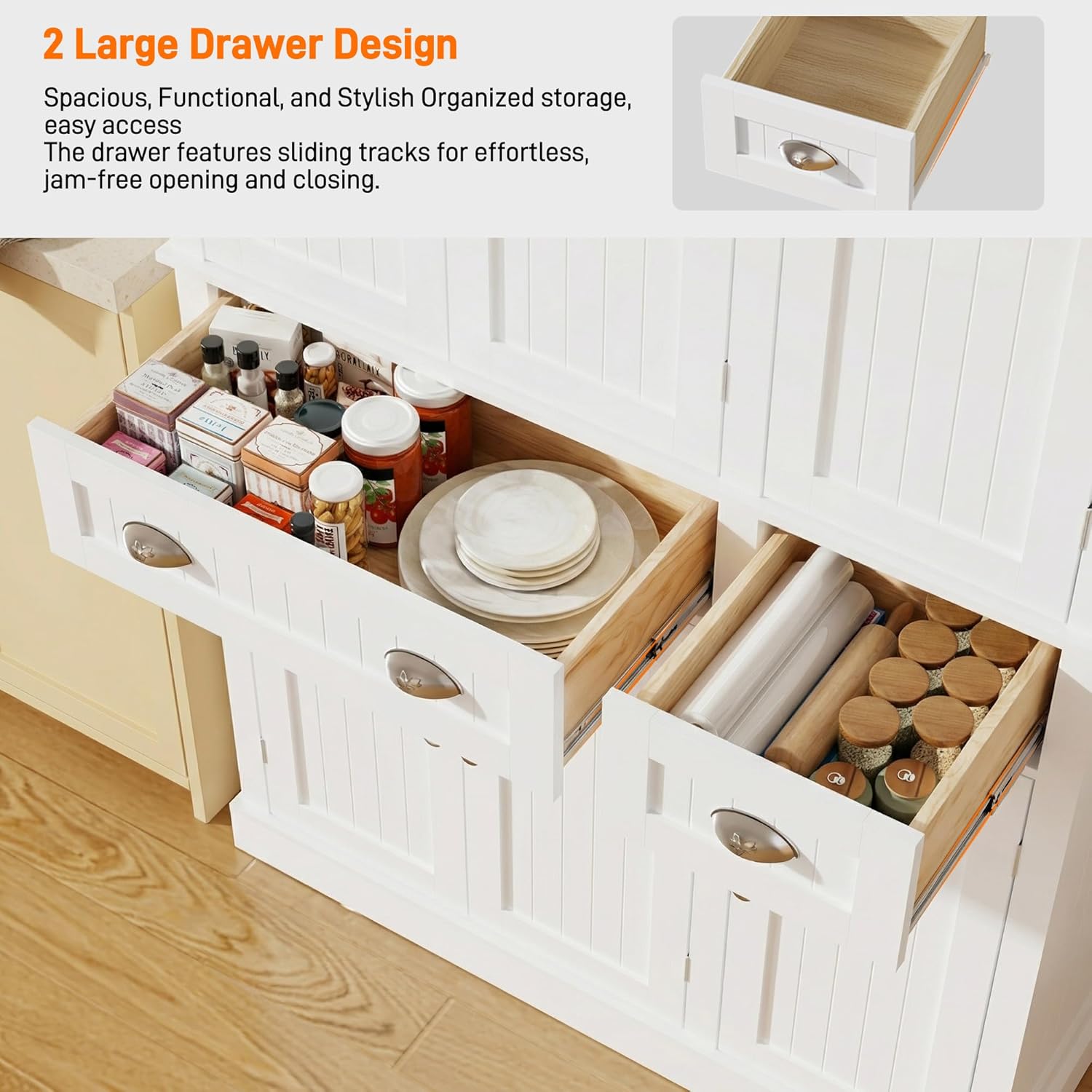71" Tall Kitchen Cabinet Pantry Storage,Modern Kitchen Hutch Cabinet with Doors and Adjustable Shelves,Large Freestanding Food Pantry with 2 Drawer for Dining Room, Living Room, Hallway,White