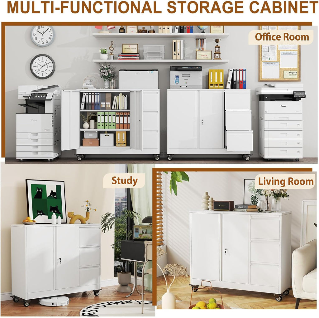 47" Rolling File Storage Locker Cabinet with 3-Drawer，Office Storage Cabinet with Adjustable Shelf & Universal Wheels, Mobile Printer Stand for Home Office, Living Dining Room,White