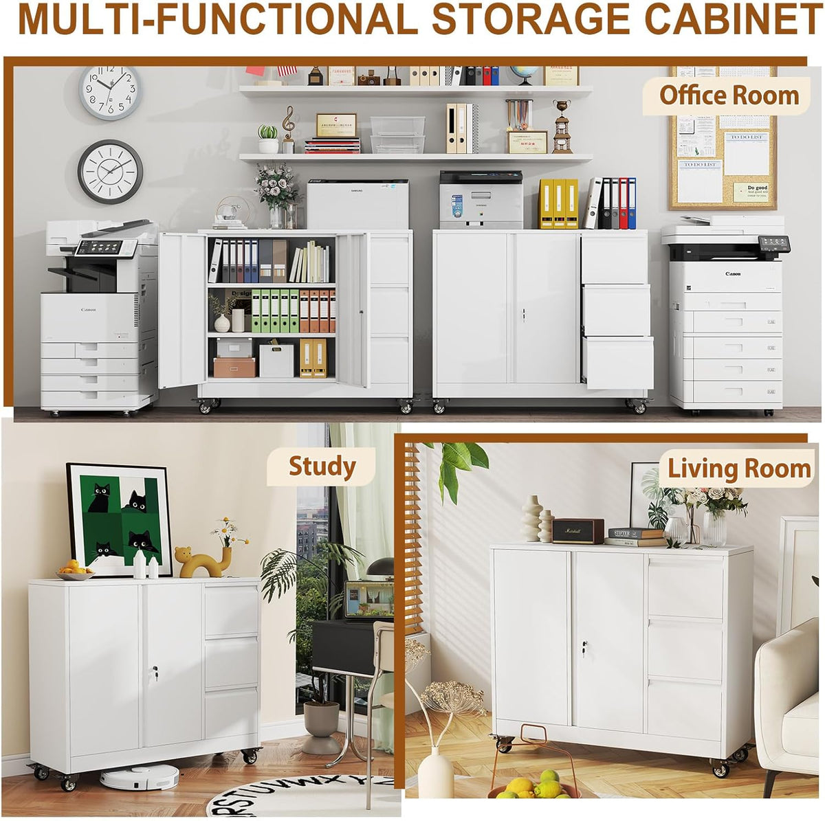 47" Rolling File Storage Locker Cabinet with 3-Drawer，Office Storage Cabinet with Adjustable Shelf & Universal Wheels, Mobile Printer Stand for Home Office, Living Dining Room,White