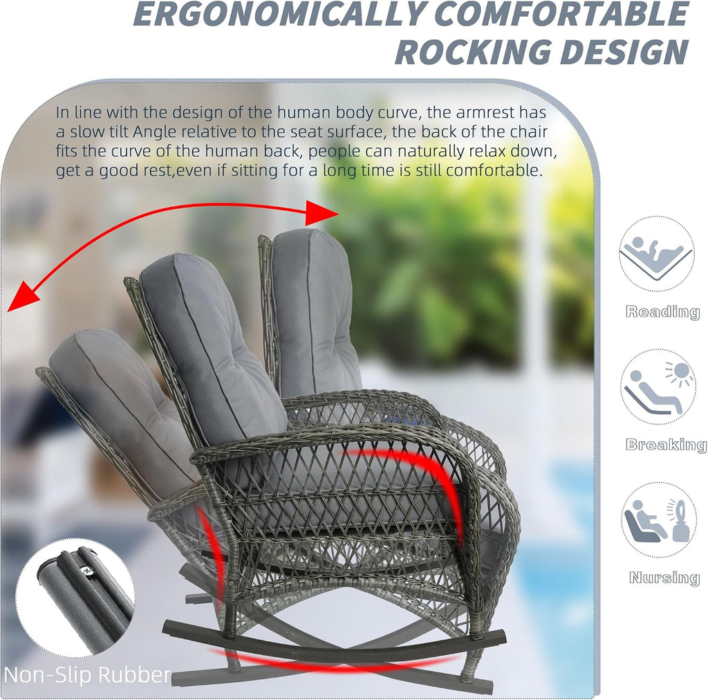 Wicker Rocking Chair, Rattan Patio Rocking Chairs, All-Weather Rocking Lawn Wicker Furniture for Porch Deck Garden Backyard(Grey)，1PC