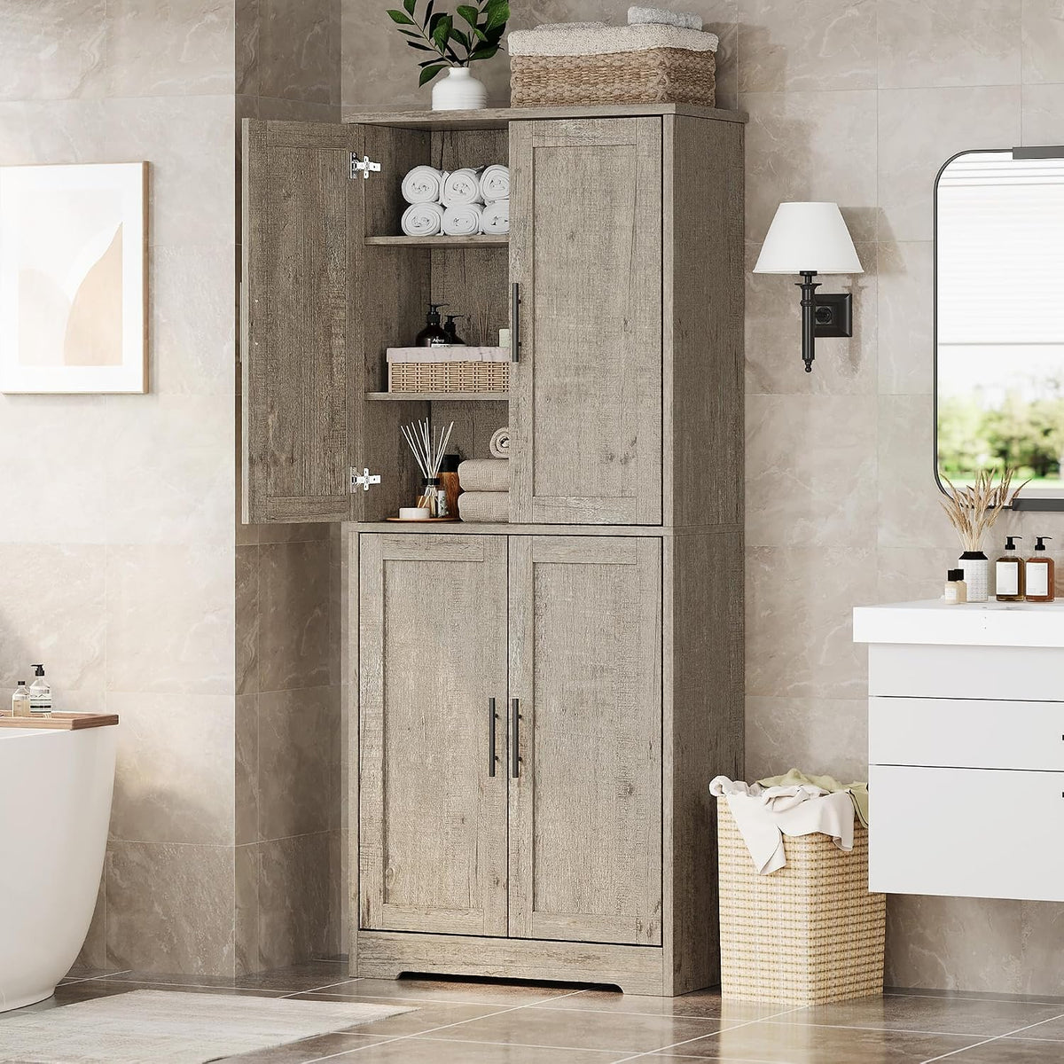 70" Tall Pantry Cabinet, Kitchen Pantry Cabinet with Doors and Adjustable Shelves, Freestanding Cupboard, Tall Storage Cabinet for Bathroom, Dining Room, Living Room, Gray