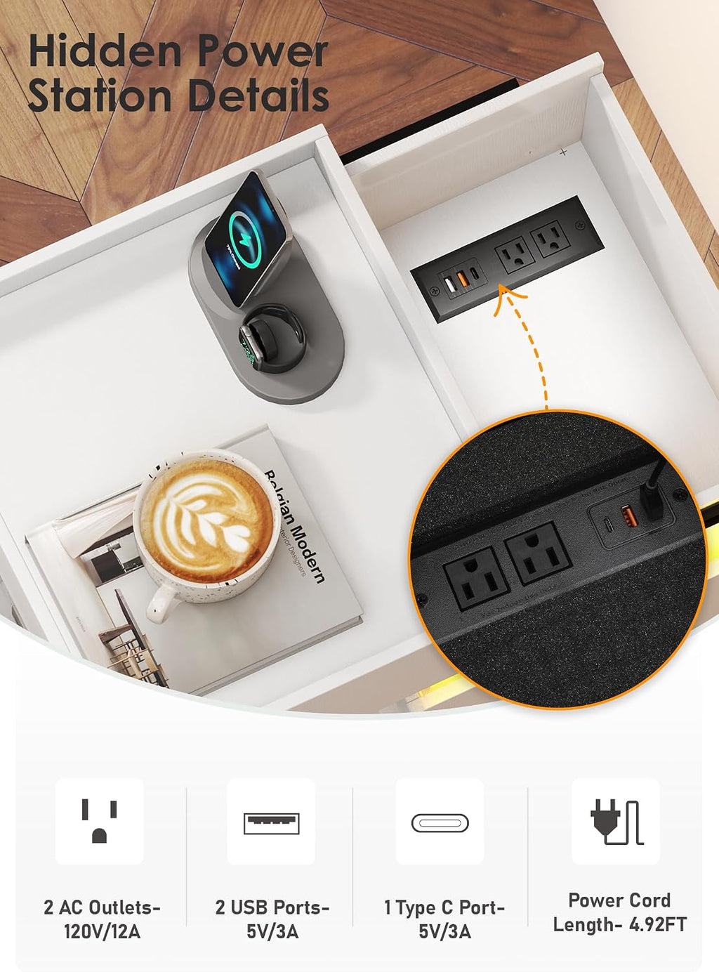 Turosur White Nightstand with Charging Station and LED Lights, Modern Beside End Table with USB and Type-C Port for Bedroom Gaming Room