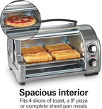 Hamilton Beach Easy Reach 4-Slice Countertop Toaster Oven With Roll-Top Door, 1200 Watts, Fits 9” Pizza, 3 Cooking Functions for Bake, Broil and Toast, Silver (31344DA)