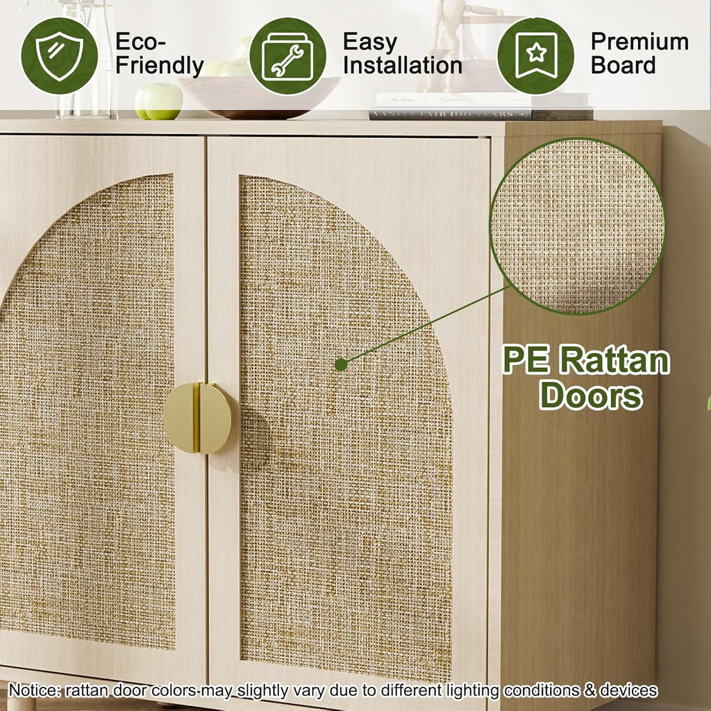 Rattan Sideboard Buffet Cabinet, Wood Storage Credenza Cabinet with Doors and Shelves, Boho Sideboard Cabinet with Curved Door for Living Room, Kitchen, Entryway, Beige
