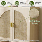 Rattan Sideboard Buffet Cabinet, Wood Storage Credenza Cabinet with Doors and Shelves, Boho Sideboard Cabinet with Curved Door for Living Room, Kitchen, Entryway, Beige
