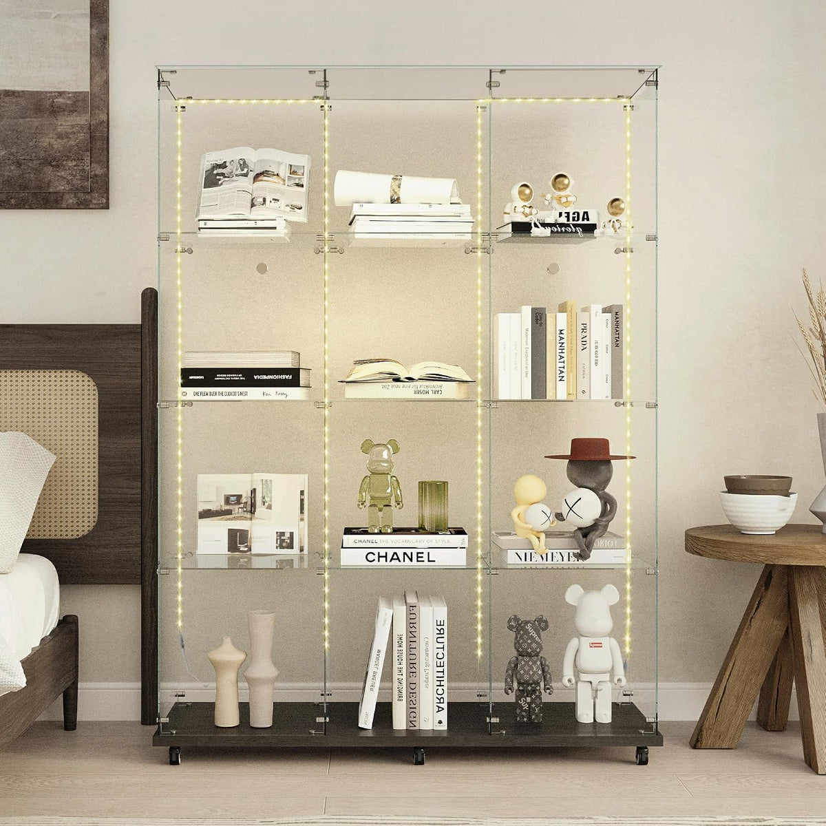 4 Tiers Glass Display Cabinet Extra Large with Bluetooth LED Light Strip, 2 Doors Floor Standing Curio Cabinet with Universal Wheel for Home, Black Glass Bookshelf for Collections, Clear Top