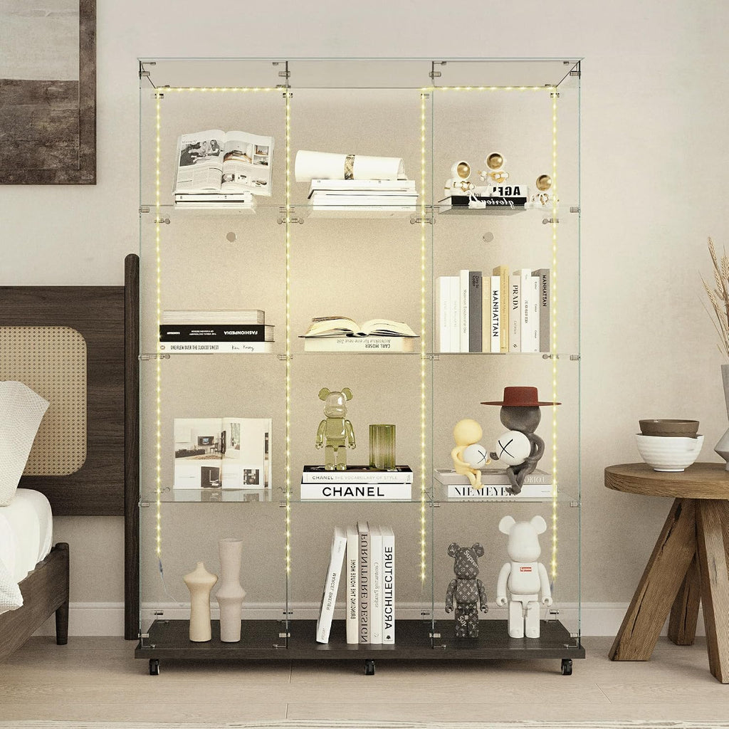 65" H 4-Shelf Glass Display Storage Cabinet with LED Lights Strip & Double Doors, Modern Curio Cabinet Collection Display Case with Lockable Casters & Lock for Living Room (Black)