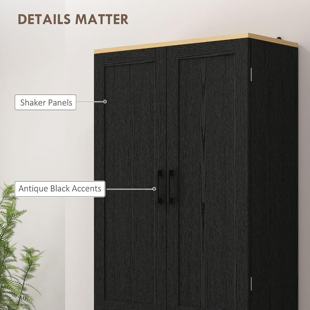 4-Door Mid-Century Freestanding Kitchen Pantry Cabinet with Full Adjustable Shelves, Distressed Black Finish and Classic Design