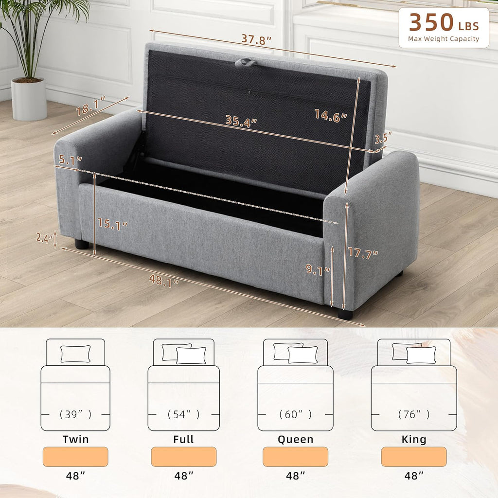 48" Ottoman with Storage, Tufted Storage Ottoman Bench, Convenient Living Room Fabrics Bench Seat, Entryway Shoe Benches with Inner Zipper & Arm, Rivetless Upholstered Window Seat Ottomans, Dark Grey
