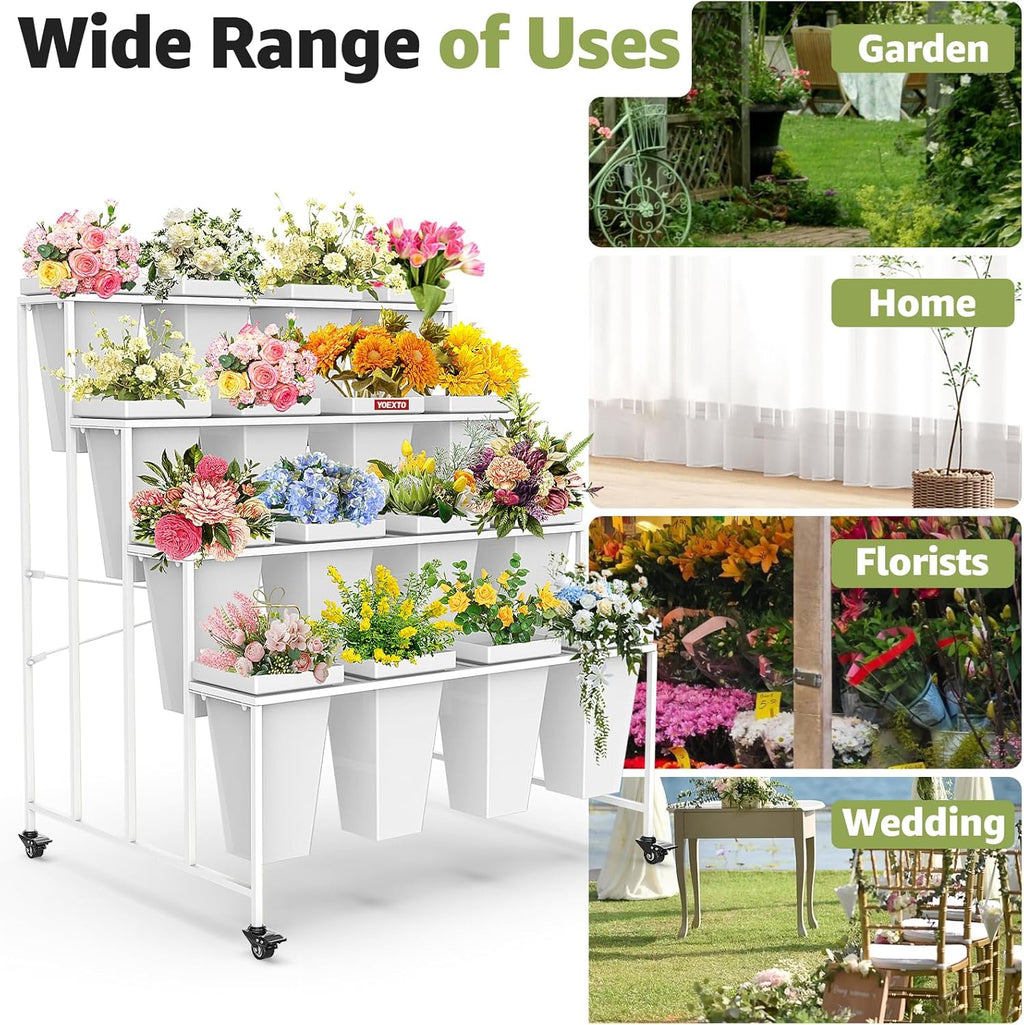 4 Layers Flower Display Stand with Buckets, 16 PCS Buckets Plant Stand with Wheels, Movable Metal Plant Stand for Terrace Garden, Living Room, Florist Shop